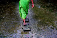 Women walking on stepping stones